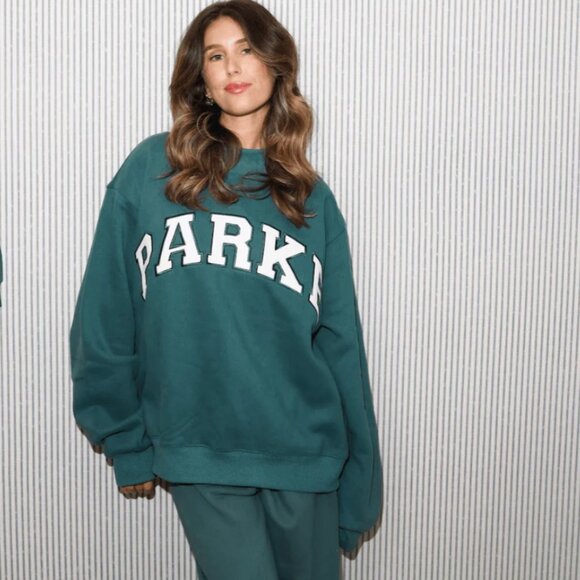 Parke Tops - NEW Parke Varsity Mockneck Sweatshirt Sweater in Evergreen + White L/XL